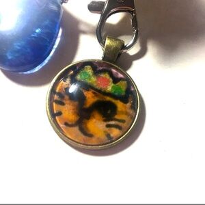 Cat princess keychain pendant cabochon hand painted, ooak, handmade trinket